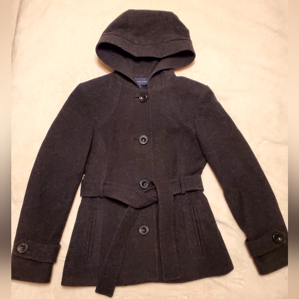 ANNE KLEIN Black Heather Wool Blend Houses Belted Coat Size XSP